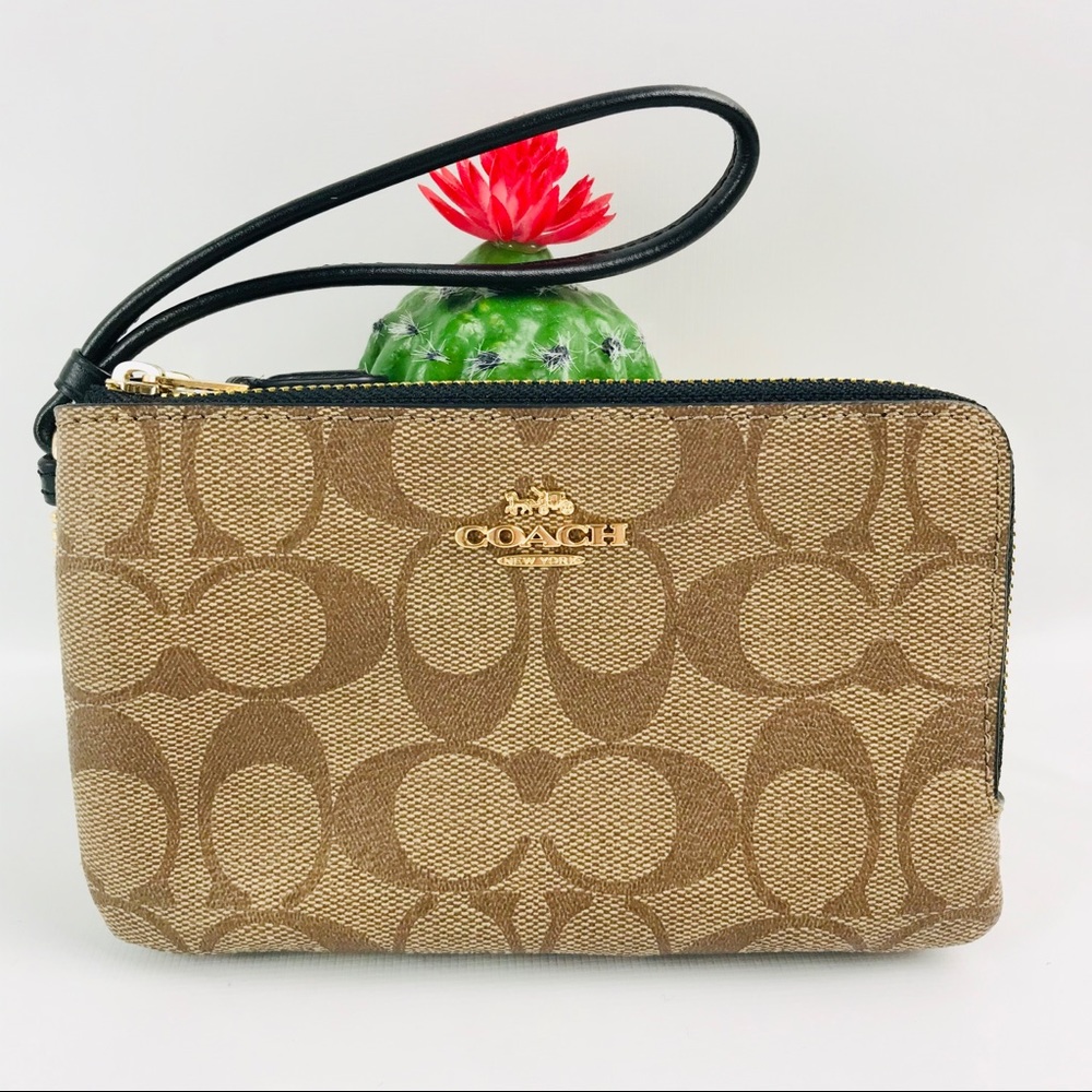 Coach Double Zip Brown Black Trim Wristlet Wallet